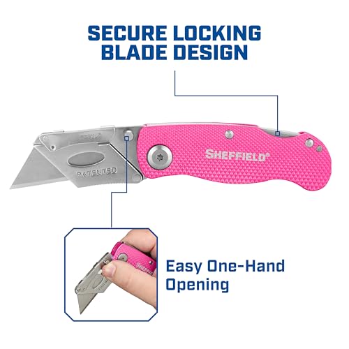 Image of Sheffield Lock Back Utility Knife 3 Pack with 10 Utility Knife Blades | Box Cutter with Aluminum Texture Grip Handle, Features Pocket Clip, Patented Quick Change Utility Blade Mechanism