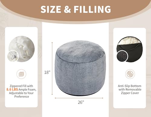 WSOFRLAC Round Pouf Ottoman Foot Rest Plush Ottoman Footstools for The Living Room Ottomans Stuffed Full of Foam Blocks 26 * 18\" Large Foot Stool Dark Grey Footrests Hassocks and Ottomans Set