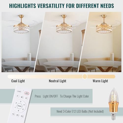 Image of Siljoy 48'' Modern Gold Caged Crystal Ceiling Fan with Lights and Remote