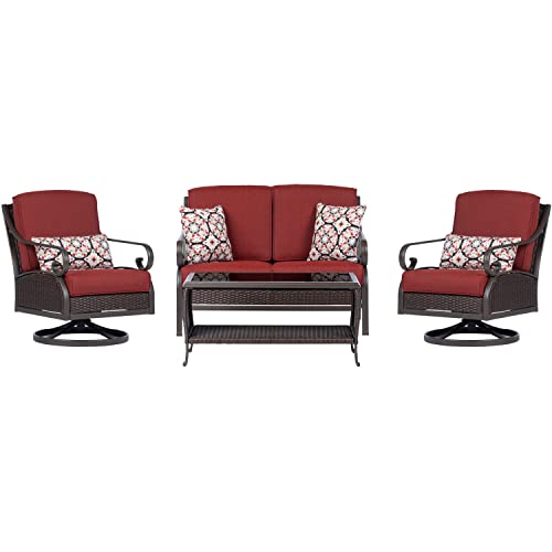 Hanover 4-Piece Madrid Outdoor Patio Furniture Chat Set, 2 Swivel Rocker Side Chairs, Loveseat, Glass Top Coffee Table, All-Weather Hand-Woven Wicker, Aluminum Frames, Thick Cushions, Red #TOP26