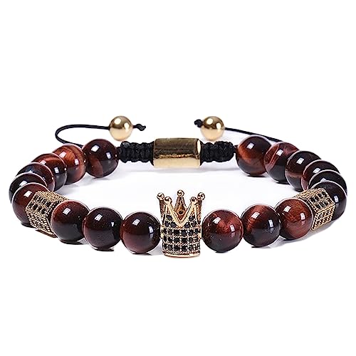Bracelet oeil de tigre 8 mm fait main et couronne en zircone pour homme et femme