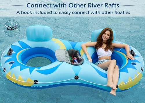 Image of Jasonwell Inflatable River Tube Float - 2 Person Heavy Duty River Float Pool Floats with Removable Cooler Lake Water Tubes for Floating River Raft Lounge Floatie with 2 Cup Holders for Adults (SB)