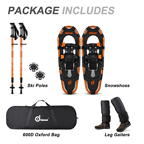 Odoland 4-In-1 Snowshoes Snow Shoes For Men And Women With Trekking Poles, Carrying Tote Bag And Waterproof Snow Leg Gaiters, Lightweight Snow Shoes Aluminum Alloy, Orange, Size 21'' #TOP6
