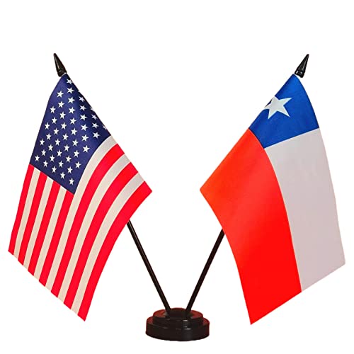 America & Chile Friendship Twin Desk Flag, Us Chile Table Flags, 8 X 5 Inches American & Chilean Deluxe Desk Flag Set - Miniature Usa & Chile Stick Flag With Flag Stand #TOP27