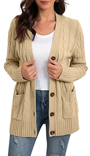 GRECERELLE Women's Knit Long Cardigans Jumpers Cardigan with Pockets with Buttons Ladies Loose Long Sleeve Knitwear Oversized Sweater Cardigan for Autumn Winter Spring (Beige, L)