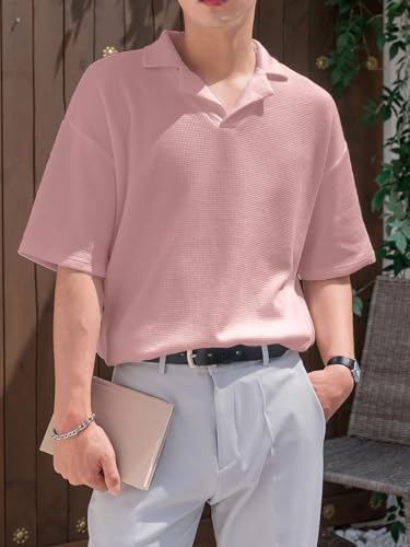 Image of Men's Textured Waffle Knit Polo T-Shirt | Relaxed Fit Half Sleeve Collared Tee | Soft Breathable Casual Summer T-Shirt