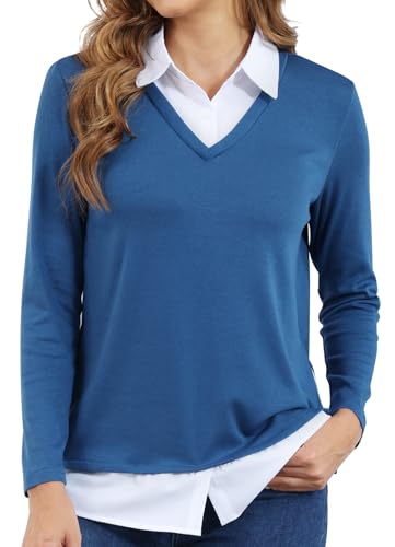 Image of Vldnery Womens Fall Winter Sweater 2025 Trendy Clothes Oversized V Neck Long Sleeve Shirts 2 in 1 Outfit Casual Pullover Tops