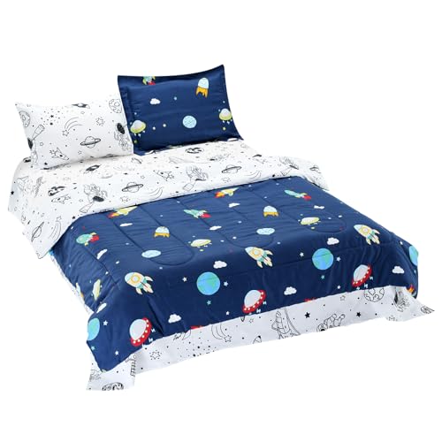 Image of VEVOR 5 Pieces Comforter Set, Twin Bedding Sets with 1 Comforter, 1 Flat Sheet, 1 Fitted Sheet, 2 Pillowcases, Soft Microfiber & Space Printed, Bedding Comforter Sets