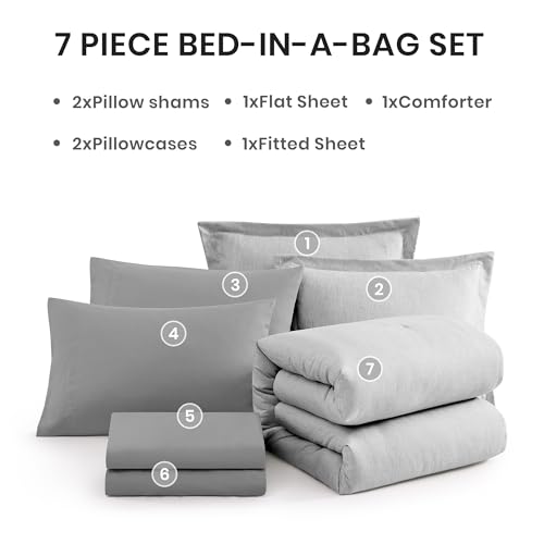 Monbix Queen Comforter Set - 7 Pieces Cationic Dyeing Light Grey Bed in a Bag Queen Bedding Sets with Comforter, Sheets, Pillowcases & Shams, Reversible Bedding Comforters Sets