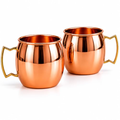 CuPure Pure Copper Moscow Mule Mugs Set of 2, 16 Oz Polished Copper Cups, No Steel Lining, No Lacquer, Authentic Solid Copper Drinkware for Cocktails & Cold Drinks