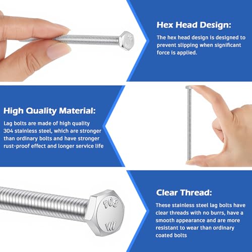 Image of Zonon 50 Pcs 1 /2-13 x 5 Hex Head Screw Bolt 18-8 (304) Stainless Steel Hexagon Bolts, Fully Threaded, Plain Finish, External Hex Drive (Silver)