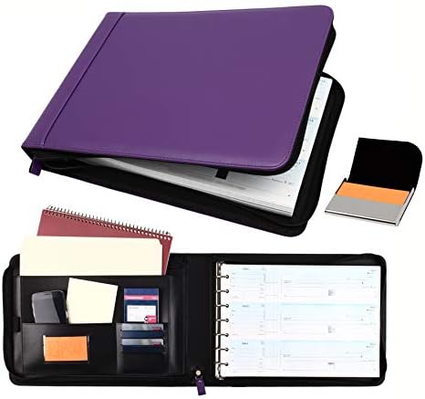 2Fold Zippered Business Check Binder 7 Ring for 3-Up Business Size Checks with Extra Business Card Case - PU Leather Deluxe 7 Ring Checkbook Binder Portfolio with 600 Check Capacity and Storage