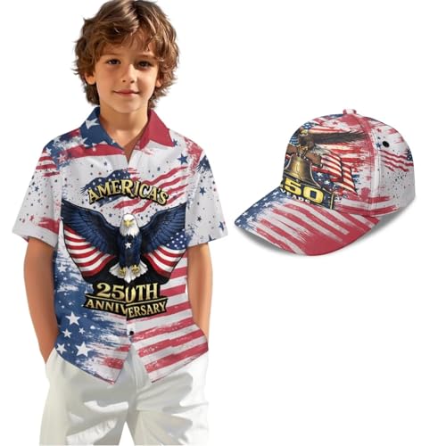 HUIACONG Boys Retro USA Flag Shirt and Baseball Cap 4th of July 2 Pcs Outfit Set Short Sleeve Button Down Look with Adjustable Hat for Patriotic Parades