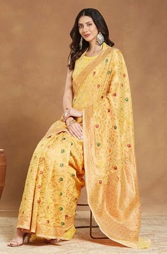 Image of Janasya Women's Light Peach Linen Blend Patola Woven Design Jacquard Saree with Blouse Piece