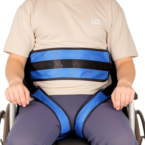 Non-Slip Anti-Fall Wheelchair Seatbelt, Wheelchair Harness Belt System for Disable Elderly or Patient, Adjustable Safety Waist Lap Strap with Leg Fixing Belt, Double-Layer Breathable mesh, Navy Blue