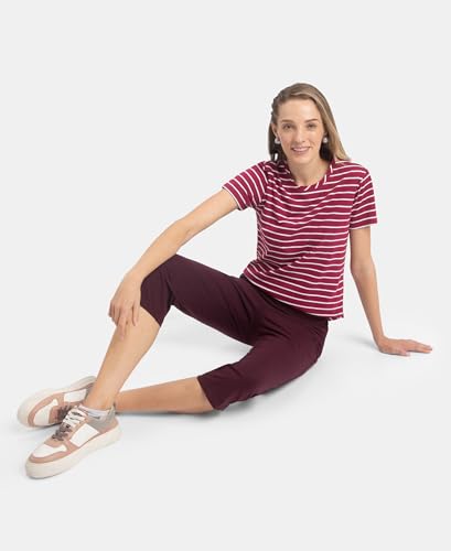 Image of Jockey A121 Women's Super Combed Cotton Stripe Fabric Relaxed Fit Round Neck Half Sleeve T-Shirt