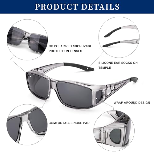 Miniatura 4 de Lvioe Gafas De Sol Sobre Gafas, Gafas De Sol De Fitover De La Prescripción Estilos Unisex, Protección Uva Uvb Para Colocar Sobre Las Gafas Normales Y De Lectura Gris Gris