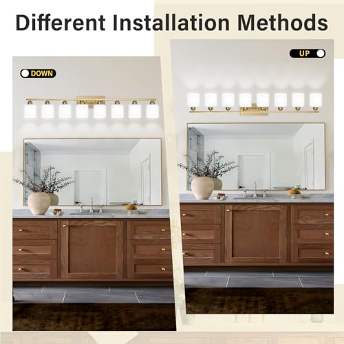 Image of 8 Light Bathroom Light Fixtures Gold for Big Mirror, Brushed Gold Vanity Lights for Bathroom with Milky White Frosted Glass Shades, 51 inch Wall Sconce for Mirrors Living Room Bedroom