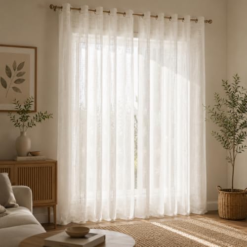 Image of LINENWALAS Aesthetic Sheer Curtains 9 Feet Long Set of 2, Poly Linen Shrink & Fade Proof Drapes for Long Door, Semi Transparent Modern Panels with Grommet Hanging for Living Room (White /9 Feet)