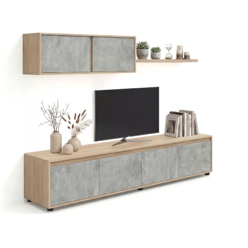 duehome | Conjunto Reversible de Salon, Mueble de TV, Modulos de Comedor, Modelo Arlet, Acabado en Roble Canadian y Cemento, Medidas: 200 cm (Largo) x 41 cm (Fondo) 43 cm (Alto)