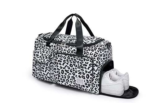Image of Small Gym Bag for Women, Travel Duffle Bag Carry On Weekender Bag with Shoe Compartment, Leaopard#Black, 11*19.6*8.2 inches, Gym Bag&toiletry Bag