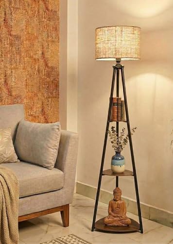 Image of Premium Tripod Floor Lamp with 3 Shelves, Brown Jute, Metal Corner Floor Lamp, for Decoration and Gifting