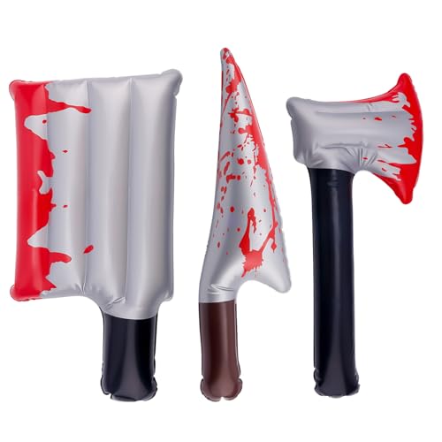 BOXOB 3pcs Halloween Inflatable Bloody Weapons, Funny Trick Toys with Knife, Axe and Cleaver Inflatable Props Set for Cosplay, Horror Halloween Party Decorations, Prank Supplies