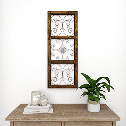 Deco 79 Wood Scroll Window Inspired Wall Decor With Metal Scrollwork Relief, 14" X 1" X 36", Brown #TOP5
