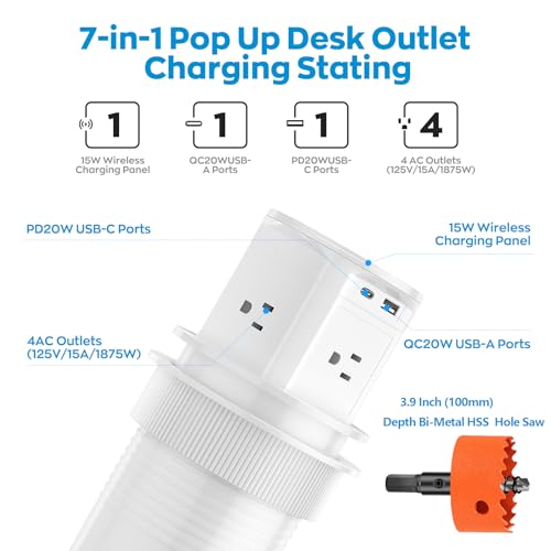 Pop Up Countertop Outlet with 15W Wireless Charger,Pop up Outlet,Max 20W USB Power Delivery,Free 3.94"（100mm） Hole Opener,Pop Up Electrical Outlet with 4 Outlets 15A, 2 USB Ports for Home Office. by Redcomets - Image 3
