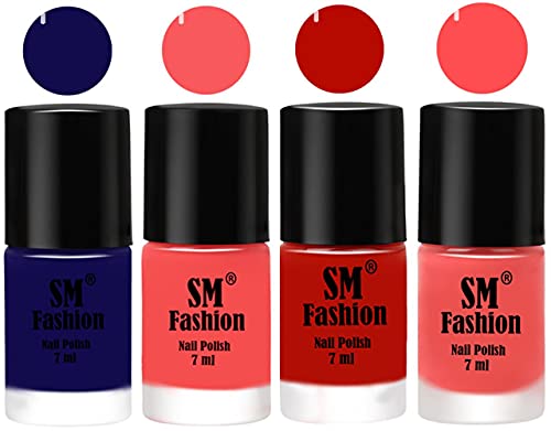 Image of Nail Polish Combo Set (Pack of 4) Quick Dry Gel Finish Nail Paint | Dark Blue,Light Pink,Red Orange,Peach Pink | 7 ml Each