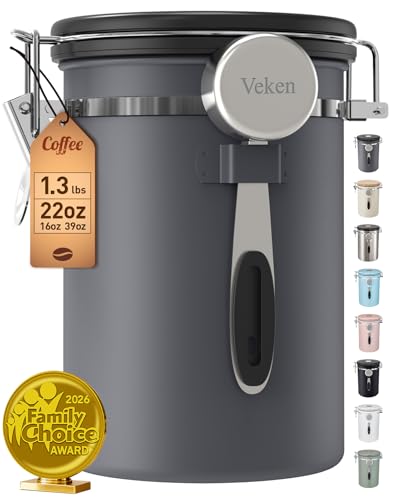 Veken Coffee Canister, Airtight Stainless Steel Kitchen Food Storage Container with Date Tracker and Scoop for Grounds Coffee, Beans, Tea, Flour, Cereal, Sugar, 22OZ, Gray