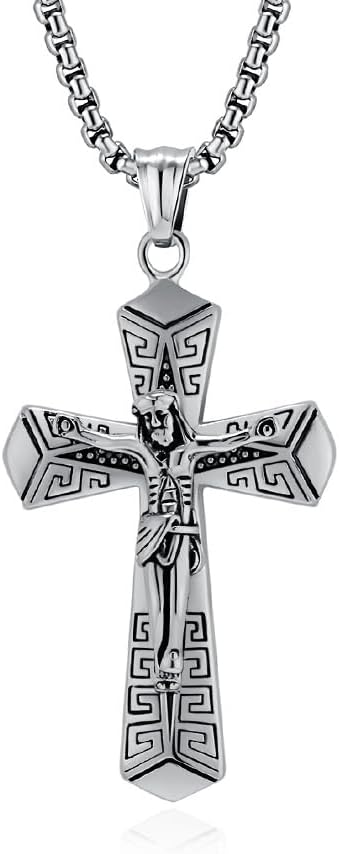 Men Wrench Cross Necklace,Stainless Steel Black Silver Crucifix Jesus Pendant Necklace Baptism Christian Jewelry,60cm Rolo Chain
