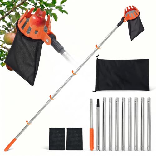 HAUSPROFI 4m Cueille Fruit Telescopique, Cueille Cerise avec Sac de Rangement,Cueille Pomme Griffe Réglable à 180°, en Acier Inoxydable, Cueillette Cerise pour Raisins, Poires et Pêches, Diamètre 16cm
