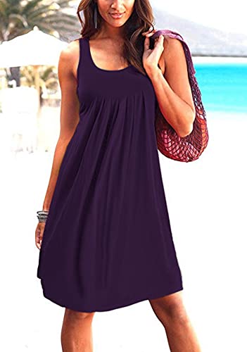 Image of Camisunny Women Casual Loose Tank Dresses Sleeveless Beach Vacation Dress Swing Pleated U Neck Fashion Soft