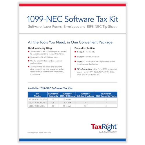 ComplyRight TaxRight Set 1099-NEC (4-Part) with Self-Seal Envelopes and Software, 15-Pack, Tax Filing for Business - Thumbnail 2