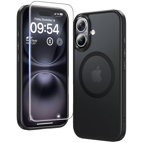 Image of TAURI for iPhone 16 Case, Compatible with MagSafe, Matte Black | with Screen Protector, Not-Yellowing Military-Grade Protection, Shockproof Slim Magnetic Case for iPhone 16