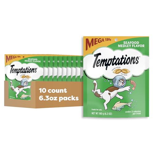 Temptations Cat Treats, Classic Crunchy and Soft Cat Treats, Seafood Medley Flavor, 6.3 oz. Pouch (Pack of 10)