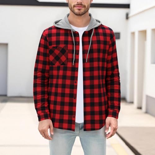 Hoodies for Men 2025 Trendy Plaid Button Down Sweatshirt Casual Long Sleeve Hooded Jacket Coats with Chest Pocket2