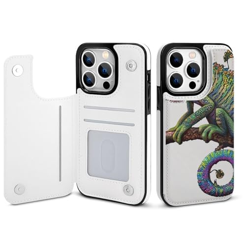HKMNLEW Chameleon Listen Music Print Flip Phone Wallet Case iPhone 14 Pro�p PU���U�[���C�ϏՌ��g�ѓd�b�P�[�X�J�o�[ �J�[�h�z���_�[�t��