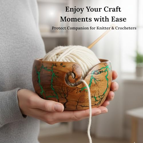 Image of Lichtenberg Figure Yarn Bowl - Handmade Wooden Yarn Bowl for Knitting Yarn Ball Holder - Yarn Bowls with Holes Crochet Bowl Holder - Yarn Storage Bowl 7 inch x 4 inch inches (Green)