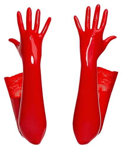 FEOYA Gants Longs Femme Sexy Brillant Gants Latex Cuir Élégants 1 Paire pour Fêtes Rouge L/XL