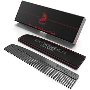 Bossman Metal Grooming Comb for Men – Mustache and Beard Styling Tool with Leather Pocket Case (Black)