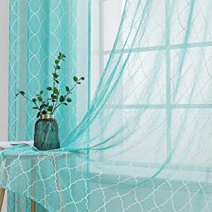 MIULEE Turquoise Semi Sheer Curtains with Embroidered Moroccan Tile Design for Bedroom Living Room Grommet Linen Textured Window Drapes for Light Filtering 2 Panels W 54 x L 84 Inches