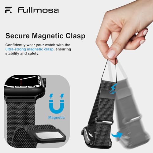 Fullmosa Metal Band Compatible with Apple Watch Straps 42mm(Series 10 11) 41mm 40mm 38mm Women Men,Milanese Loop Replacement iWatch Strap Series 9 8 7 6 5 4 3 2 1 SE SE2, Black [NO Watch and Case]