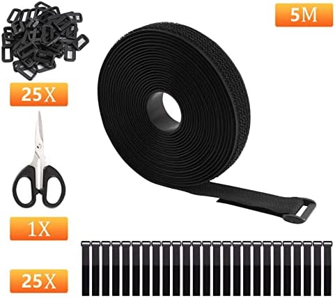 LTGCIAIT 5m Adjustable Cable Straps with 25 Buckles 1 ScissorReusable Fastening Cable Straps2cm WideBlack Free Cut LengthHook and Loop Cable TiesHome Office Wire Organizers