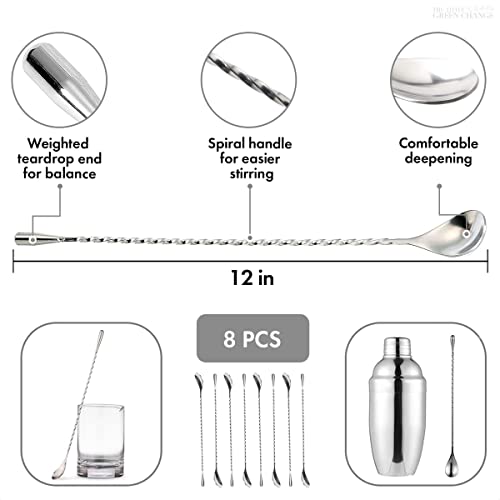 8Pcs Cocktail Spoon Long Handle - Drink Stirrers Cocktail Alcohol Bar Stainless Steel Martini Glass Cocktail Mixing Spoon - 12 In Bartender Spoon Cocktail Stirrers For Mixed Drinks Bar Stirring Spoon #TOP1