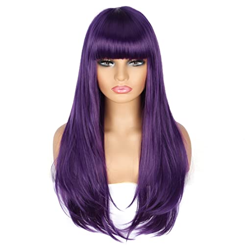 PORSMEER Parrucca lunga viola per donne, parrucca sintetica liscia a strati con frangia per travestimenti cosplay, feste di Halloween, costumi anime da donna