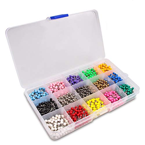 Yalis Push Pins Marking Map Tacks 1/8-Inch Plastic Beads Head, 15 Assorted Colors, 1500-count