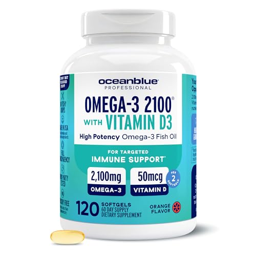 Oceanblue Professional Omega-3 2100 with Vitamin D3 – 120 ct – Triple Strength Burpless Fish Oil Supplement with High-Potency EPA, DHA, DPA and Vitamin D3 – Wild-Caught – Orange Flavor (60 Servings)