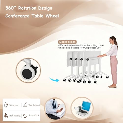 厚さ25mmの会議テーブル、折りたたみ会議室テーブル360°回転キャスターモバイル会議デスク、オフィスセミナー教室用PVCエッジ付き調節可能な長方形アクティビティテーブル(4-Pack,70.8in/180cm) [2]